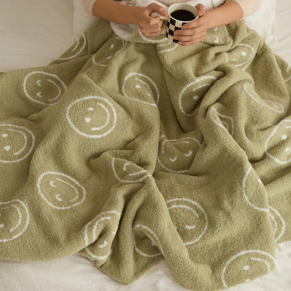 Smiley Face Plush Blanket - Soft Cotton Throw, Lightweight and Machine Washable