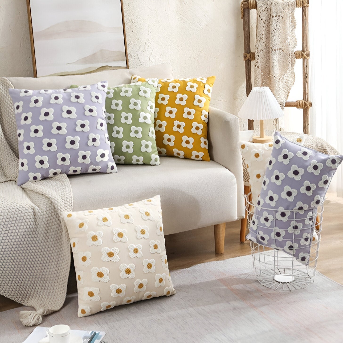 Sofa cushion – Cotton blend – Embroidered floral design – Cozy square and rectangular home accent