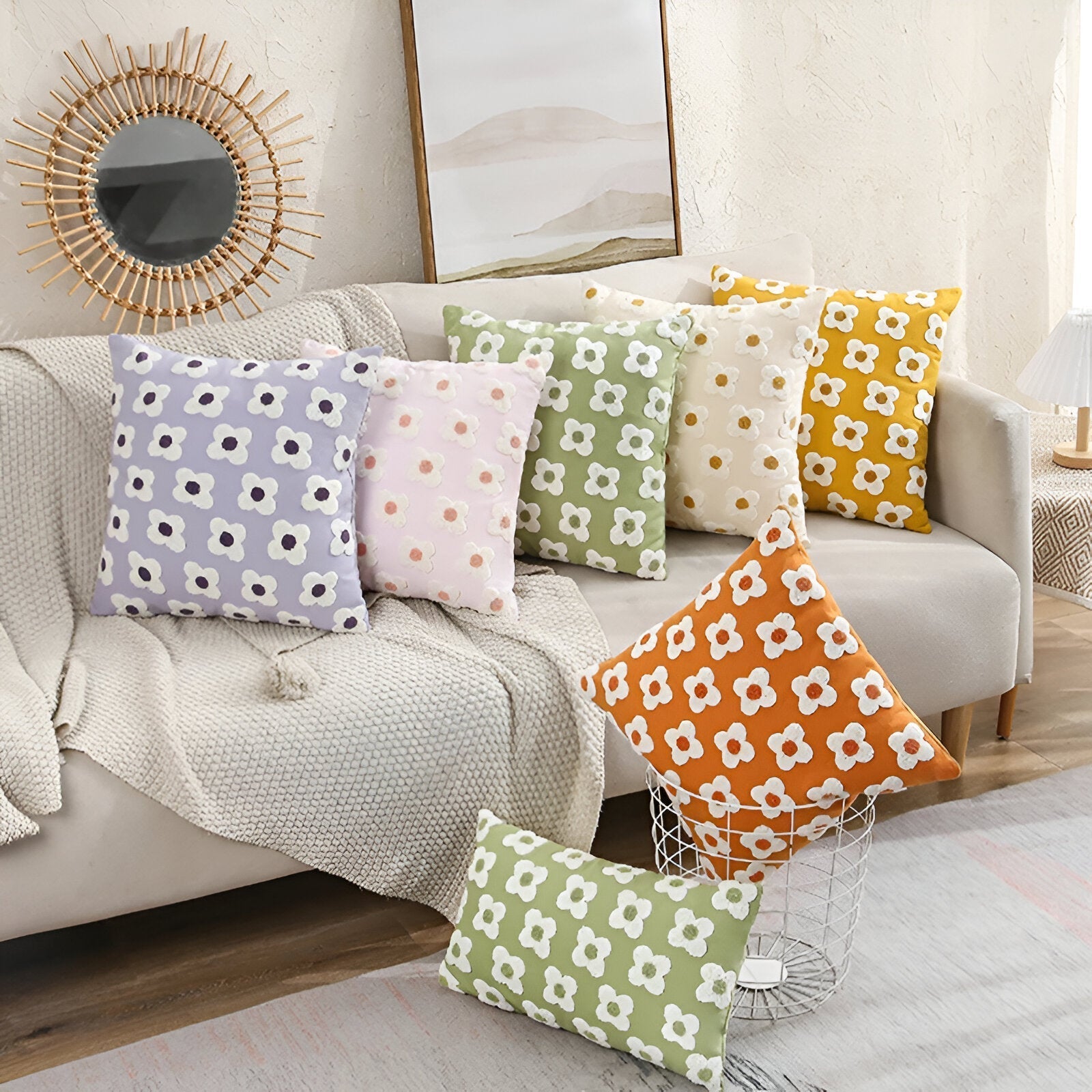 Sofa cushion – Cotton blend – Embroidered floral design – Cozy square and rectangular home accent