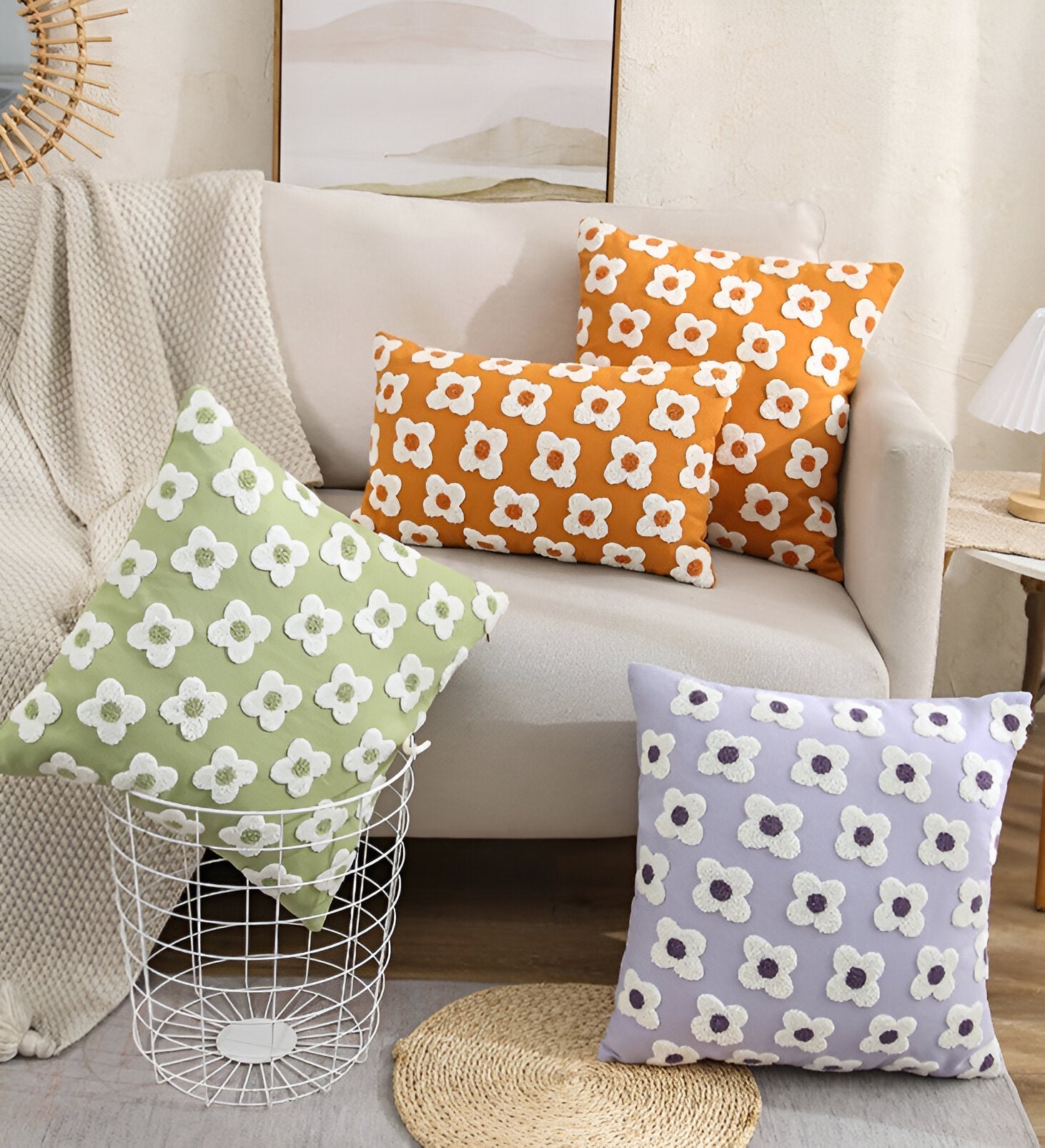 Sofa cushion – Cotton blend – Embroidered floral design – Cozy square and rectangular home accent