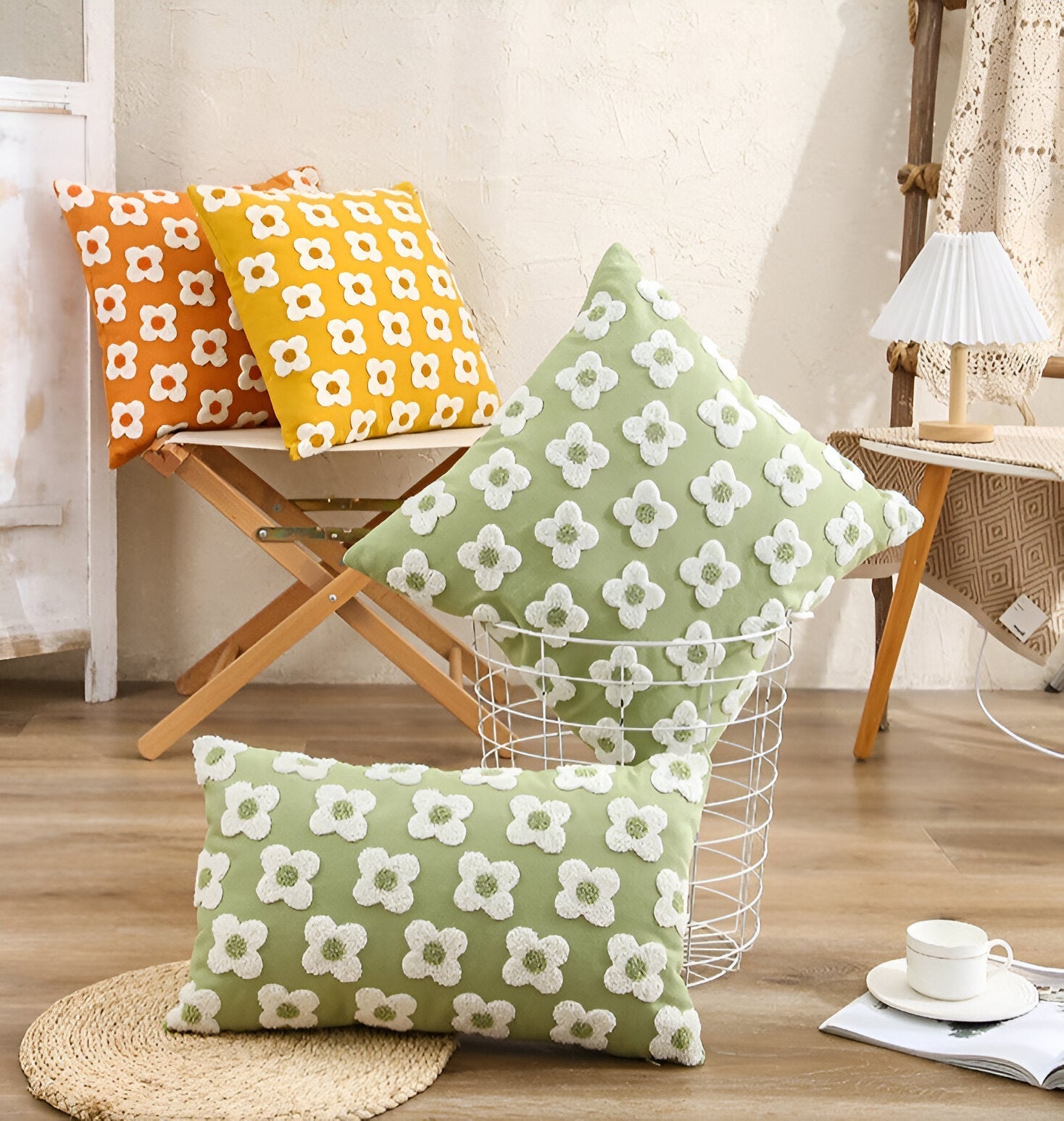 Sofa cushion – Cotton blend – Embroidered floral design – Cozy square and rectangular home accent