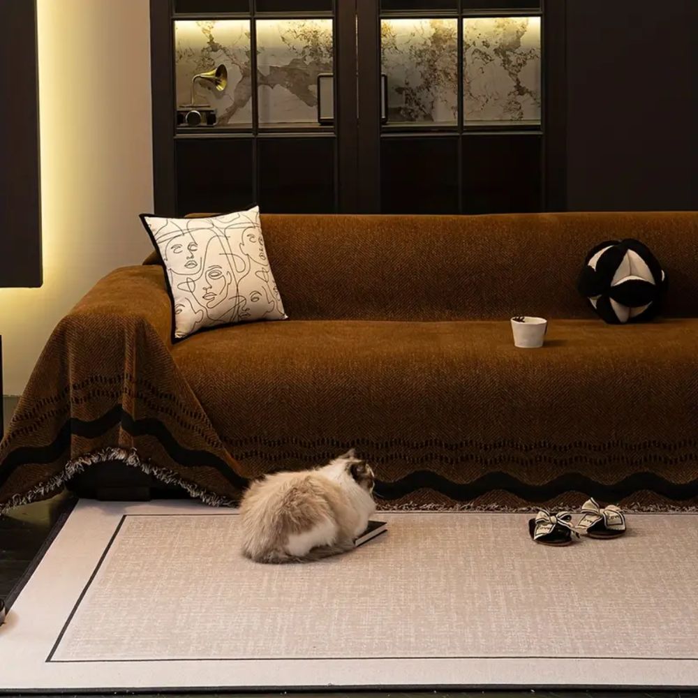 Brown woven sofa cover with black border design, modern couch protector for living room furniture and home decor