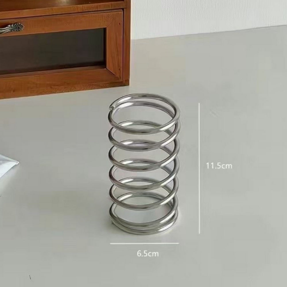 Stainless steel spiral makeup brush holder, modern cosmetic organizer stand for vanity or bathroom storage