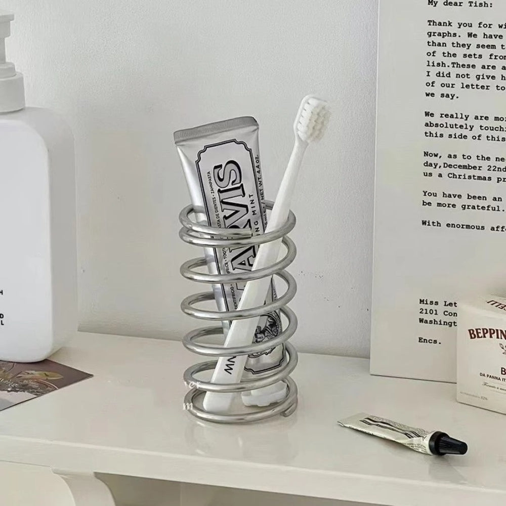 Stainless steel spiral makeup brush holder, modern cosmetic organizer stand for vanity or bathroom storage