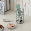 Stainless steel spiral makeup brush holder, modern cosmetic organizer stand for vanity or bathroom storage