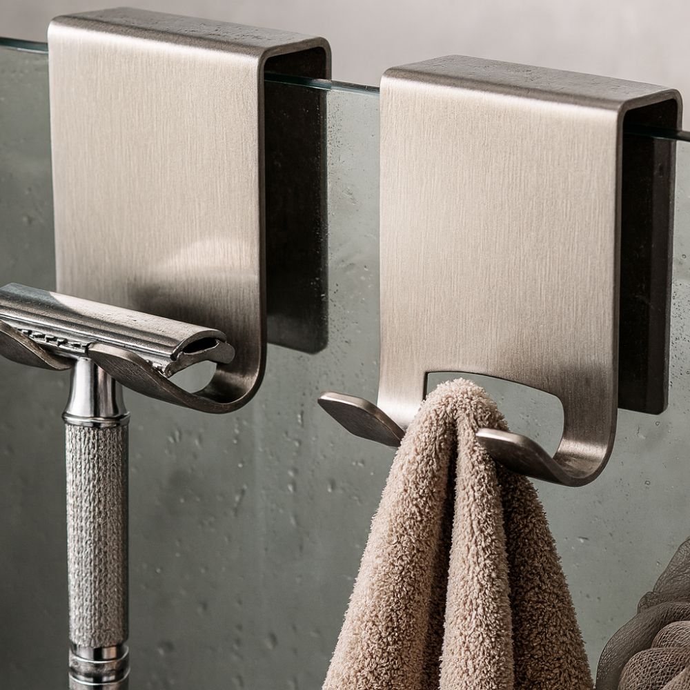Stainless shower door hooks – Polished finish – Space-saving design – Easy no-drill installation