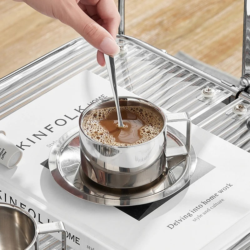 Stainless steel coffee cup set – Modern design – Includes tray and stirring spoon – Ideal for home or office