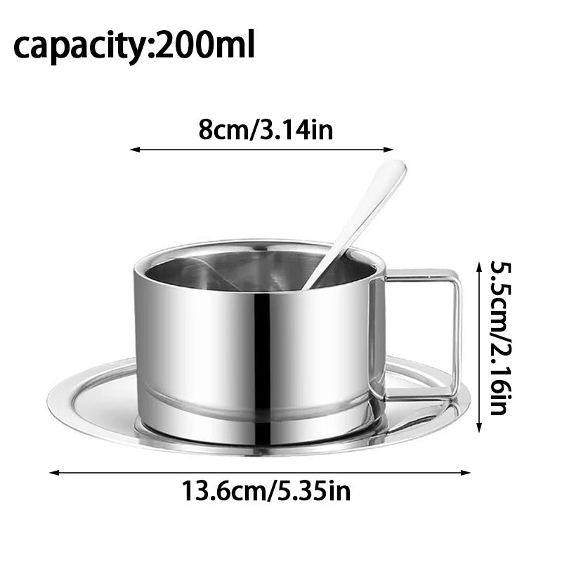 Stainless steel coffee cup set – Modern design – Includes tray and stirring spoon – Ideal for home or office