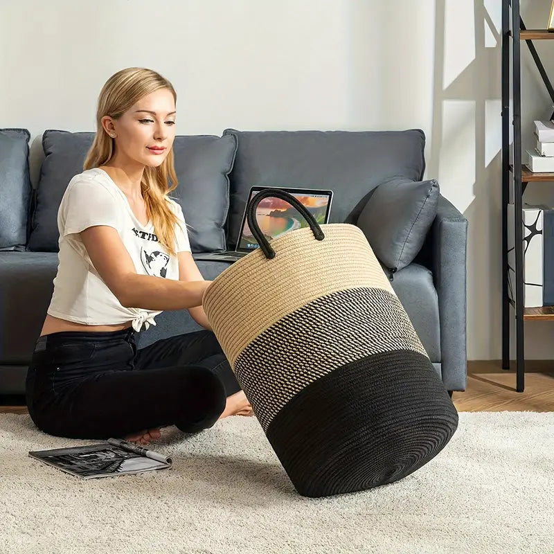 Storage basket – Durable woven rope – Modern design – Multi-use laundry hamper – 15.7 x 23.6 in