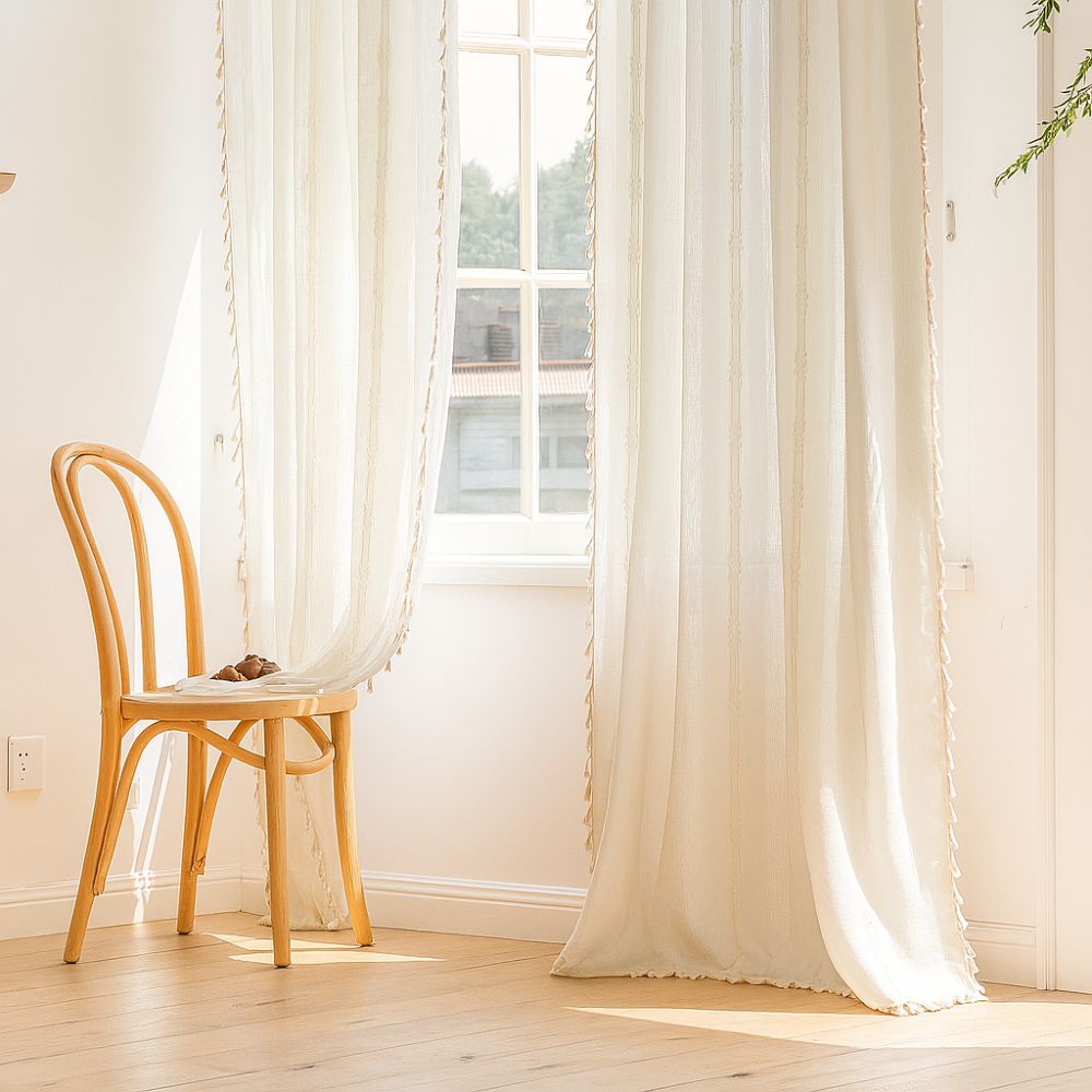 Light blue sheer curtains with tiebacks, elegant window drapes for living room or bedroom home decor