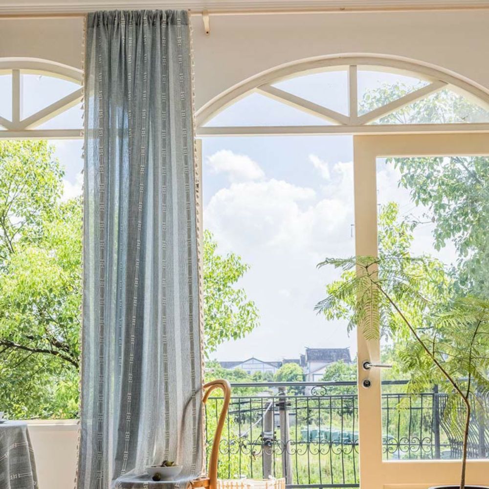 Light blue sheer curtains with tiebacks, elegant window drapes for living room or bedroom home decor