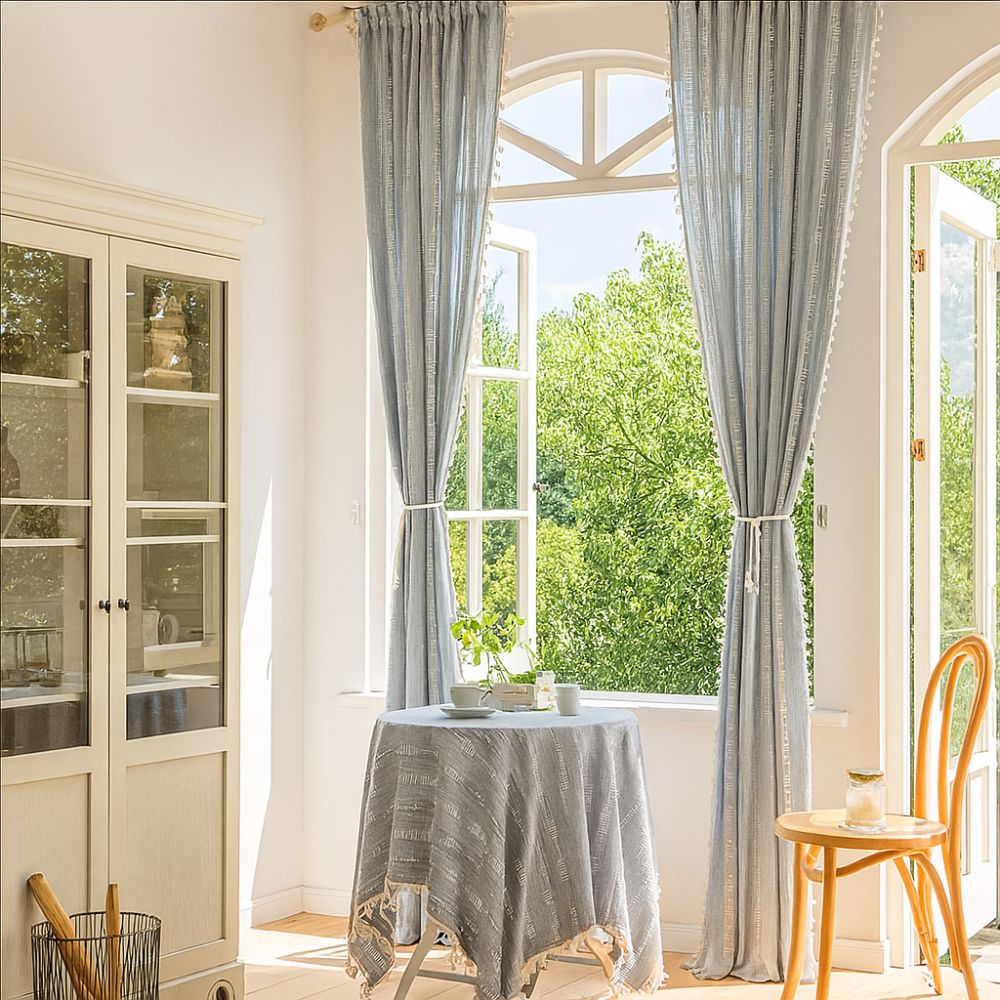 Light blue sheer curtains with tiebacks, elegant window drapes for living room or bedroom home decor
