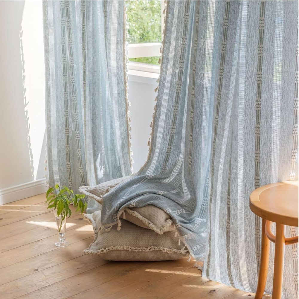 Light blue sheer curtains with tiebacks, elegant window drapes for living room or bedroom home decor
