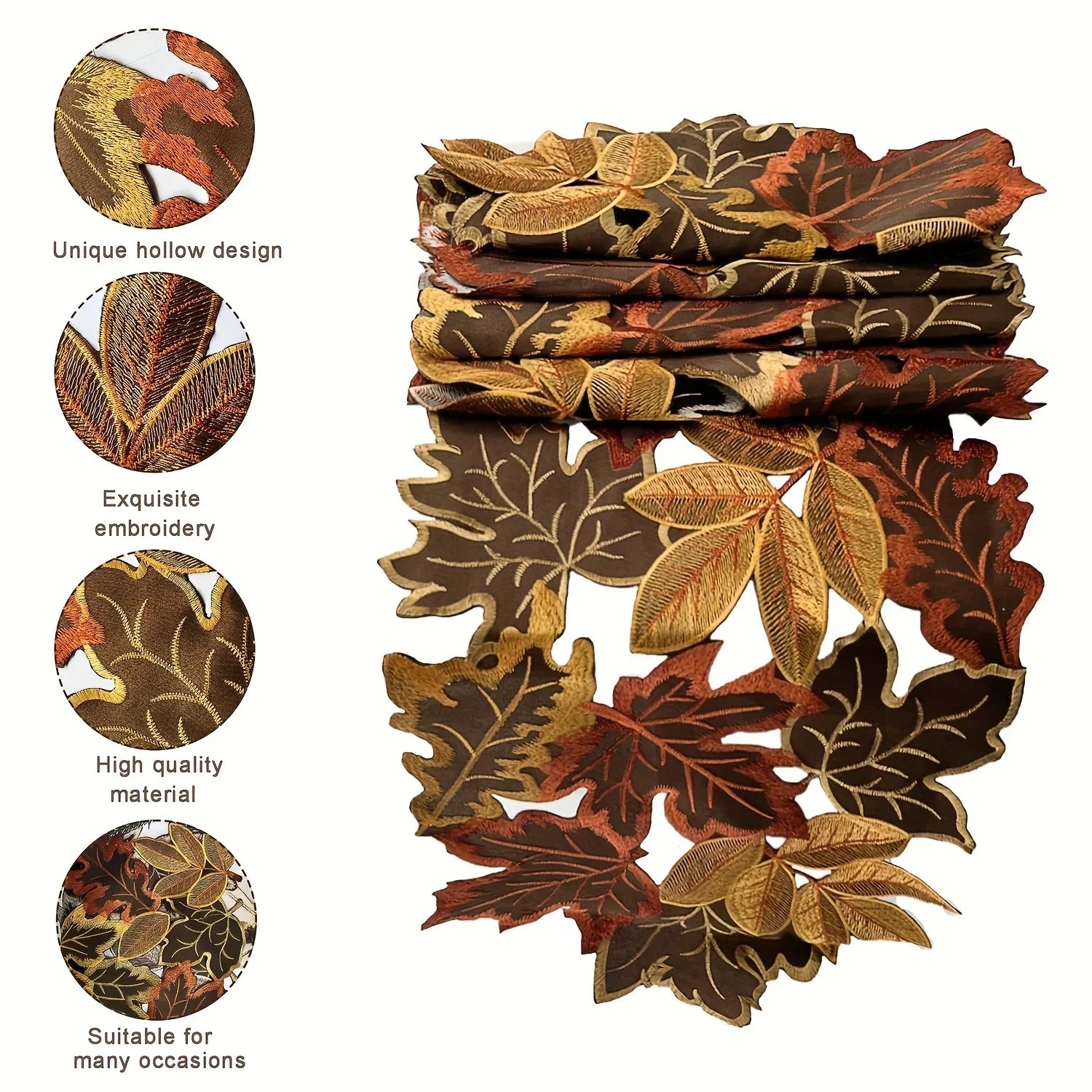 Table runner – Embroidered autumn maple leaf – Flocked brown – Rustic farmhouse design – Perfect for Thanksgiving