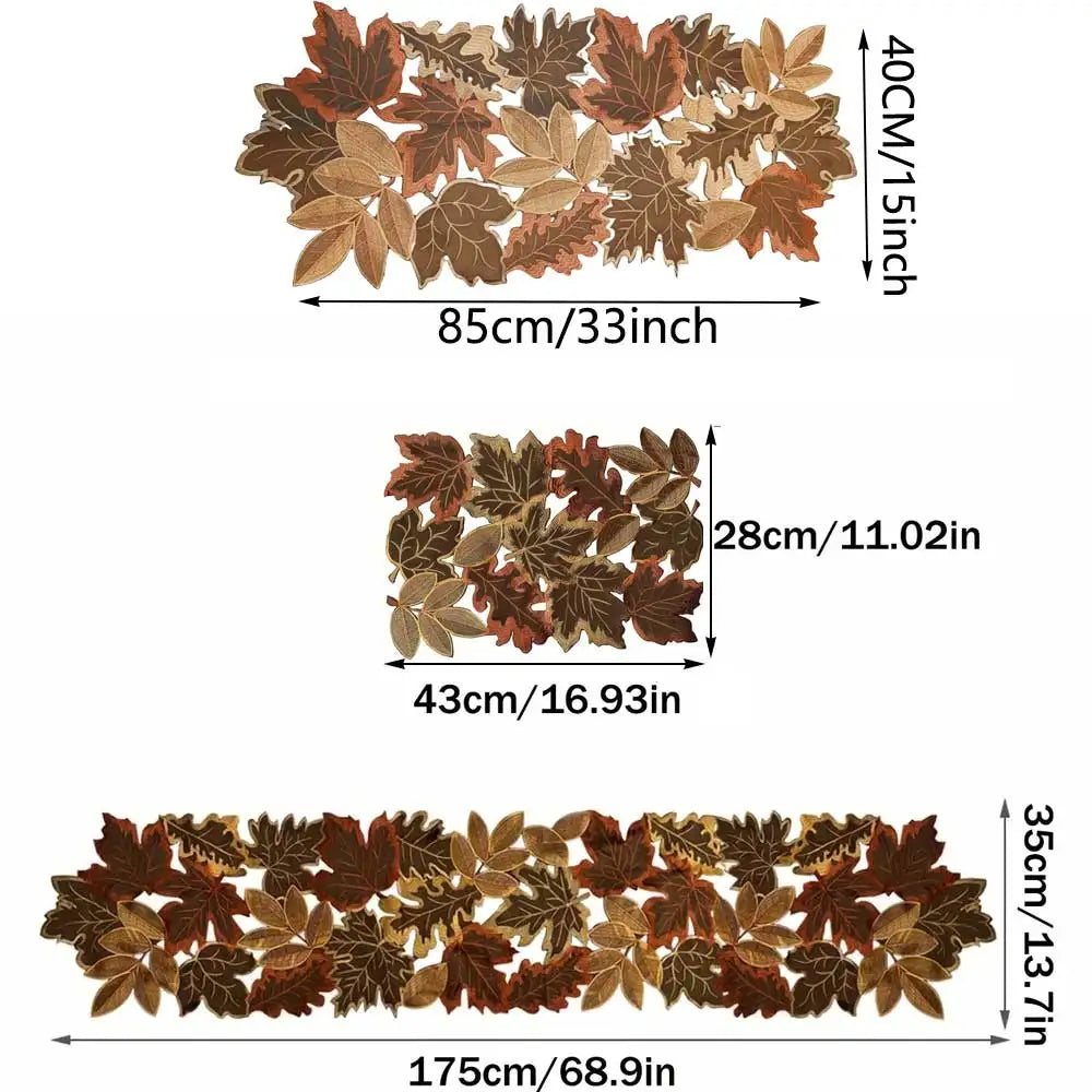 Table runner – Embroidered autumn maple leaf – Flocked brown – Rustic farmhouse design – Perfect for Thanksgiving
