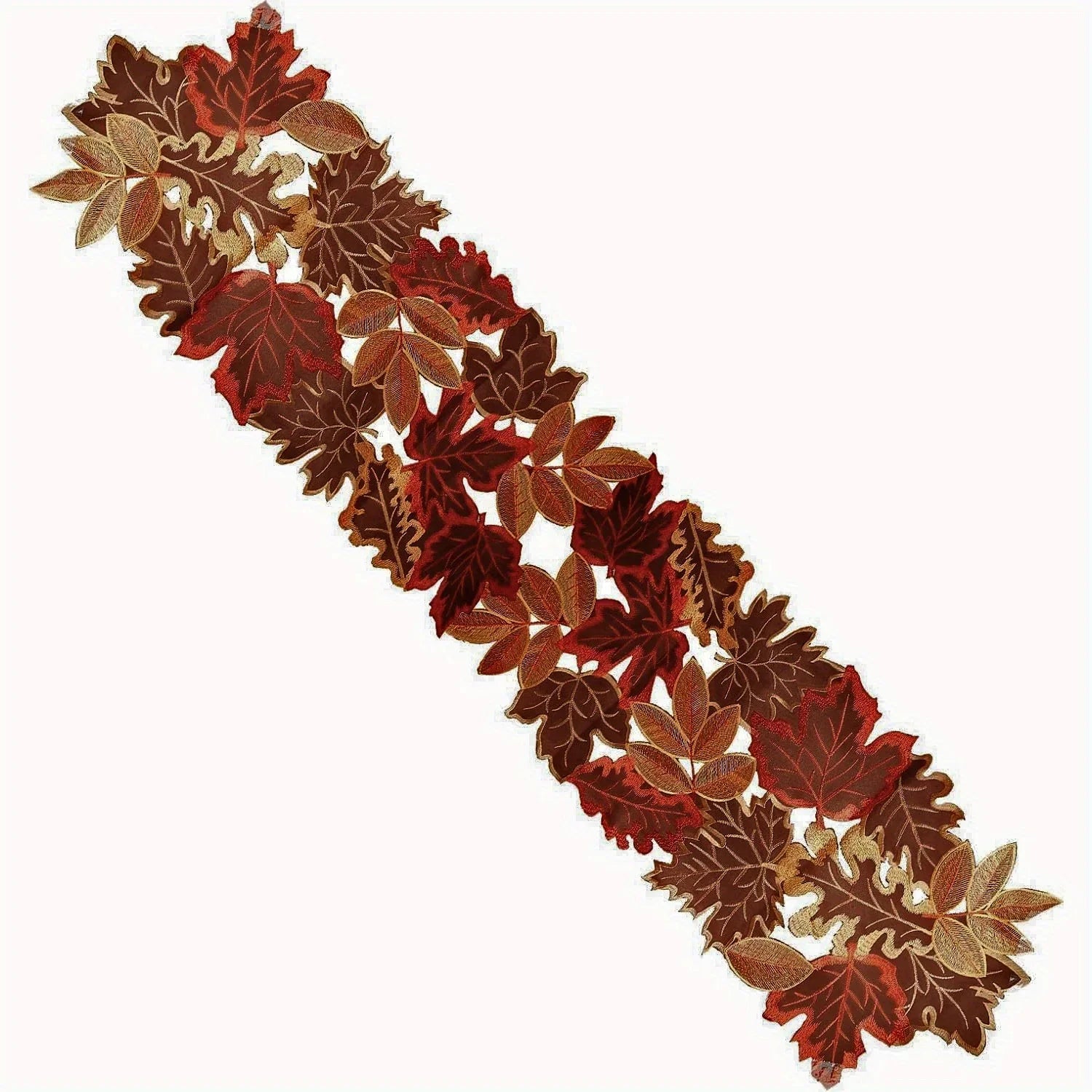 Table runner – Embroidered autumn maple leaf – Flocked brown – Rustic farmhouse design – Perfect for Thanksgiving