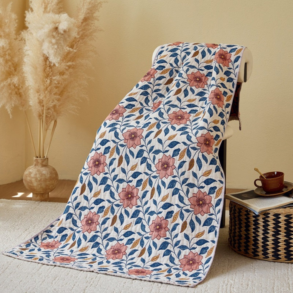 Soft throw blanket with pink floral and blue leaf pattern, cozy decorative blanket for living room, bedroom, or sofa décor