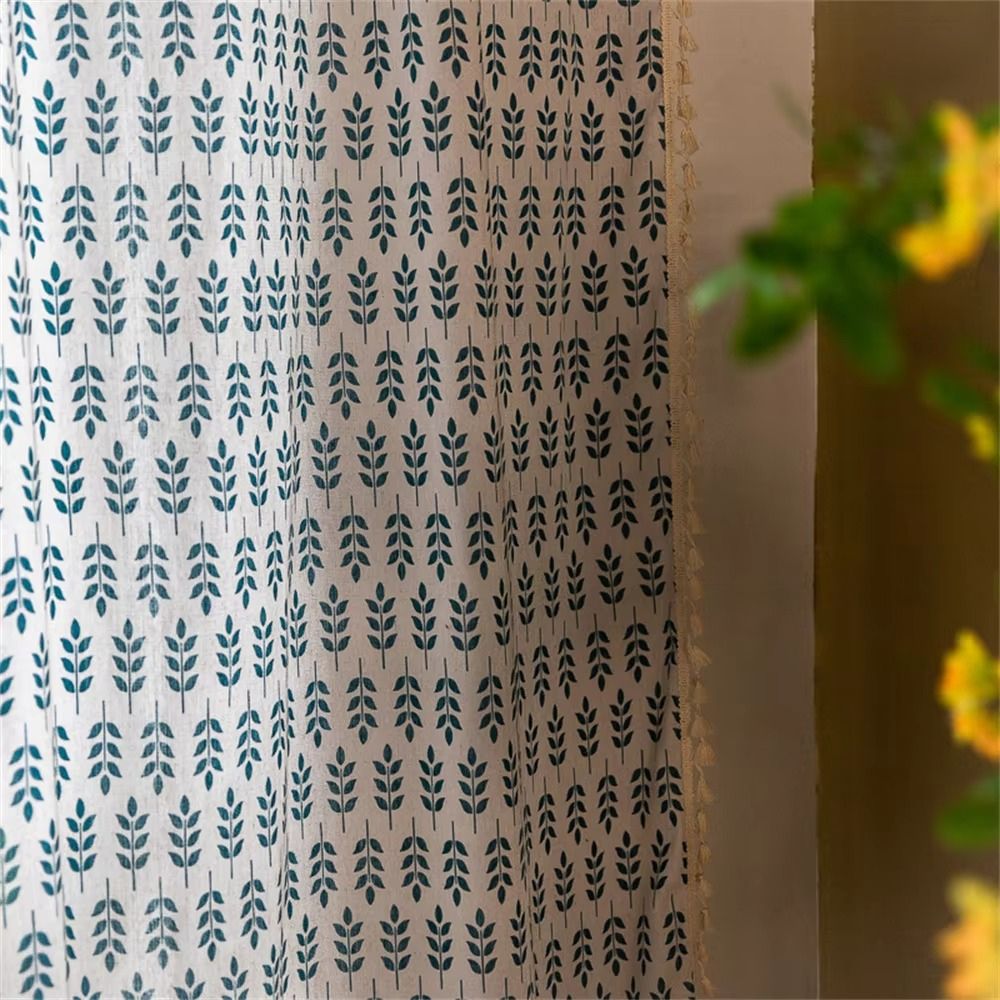 Teal Blue Leaves Semi Sheer Curtains