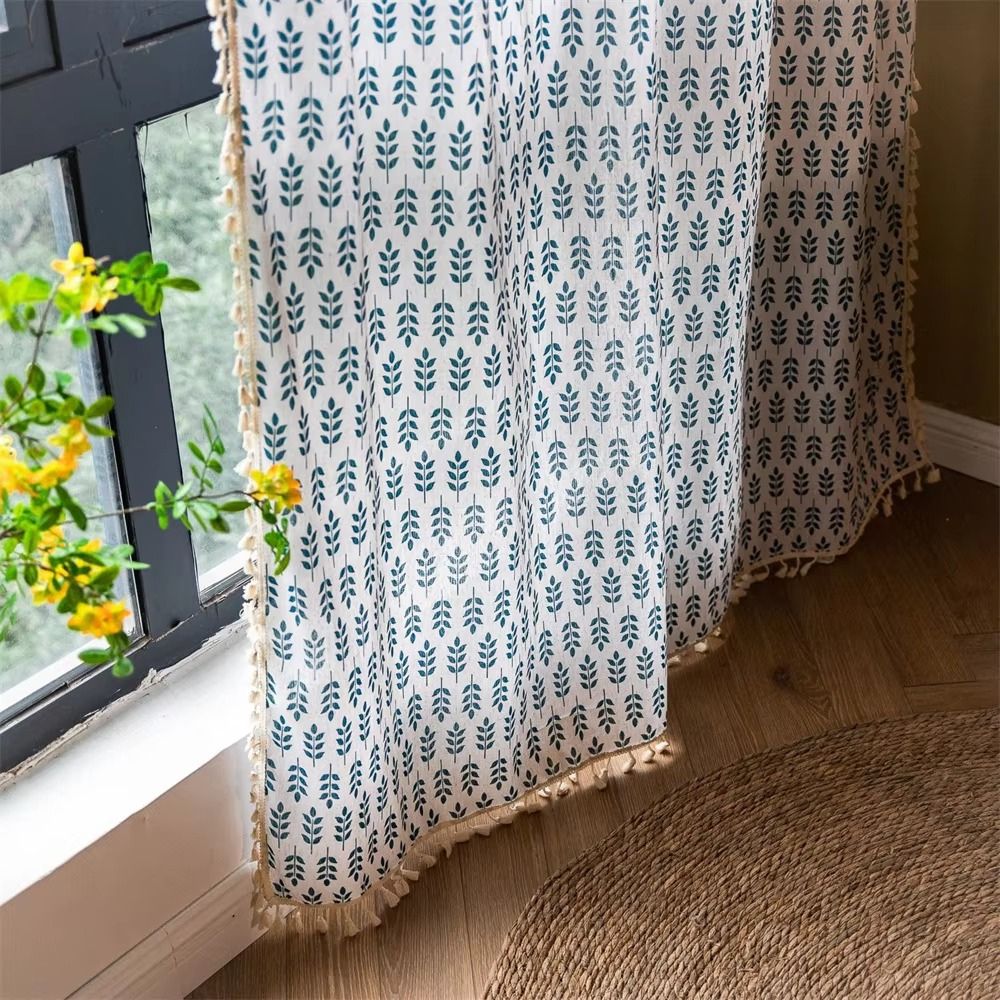 Teal Blue Leaves Semi Sheer Curtains