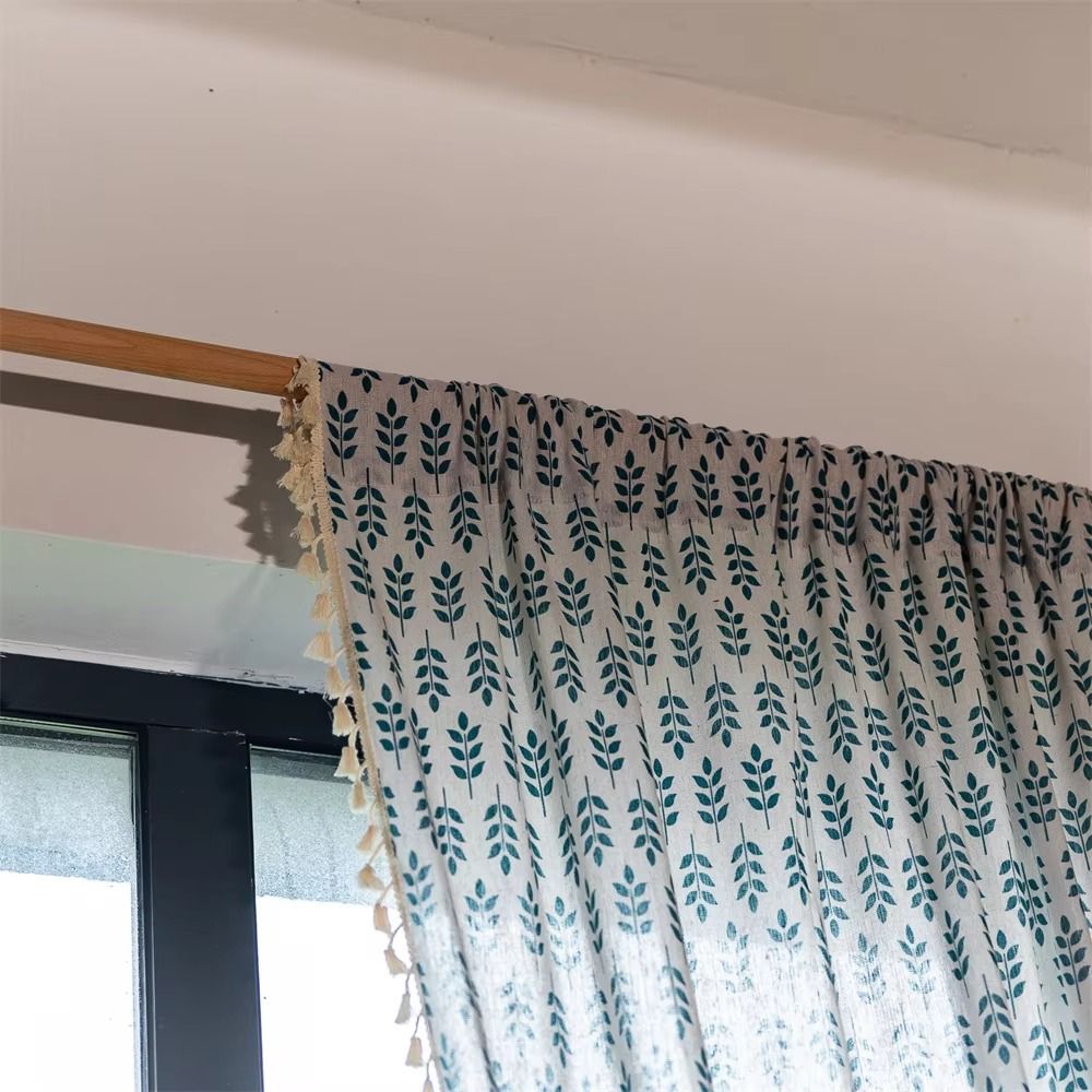 Teal Blue Leaves Semi Sheer Curtains