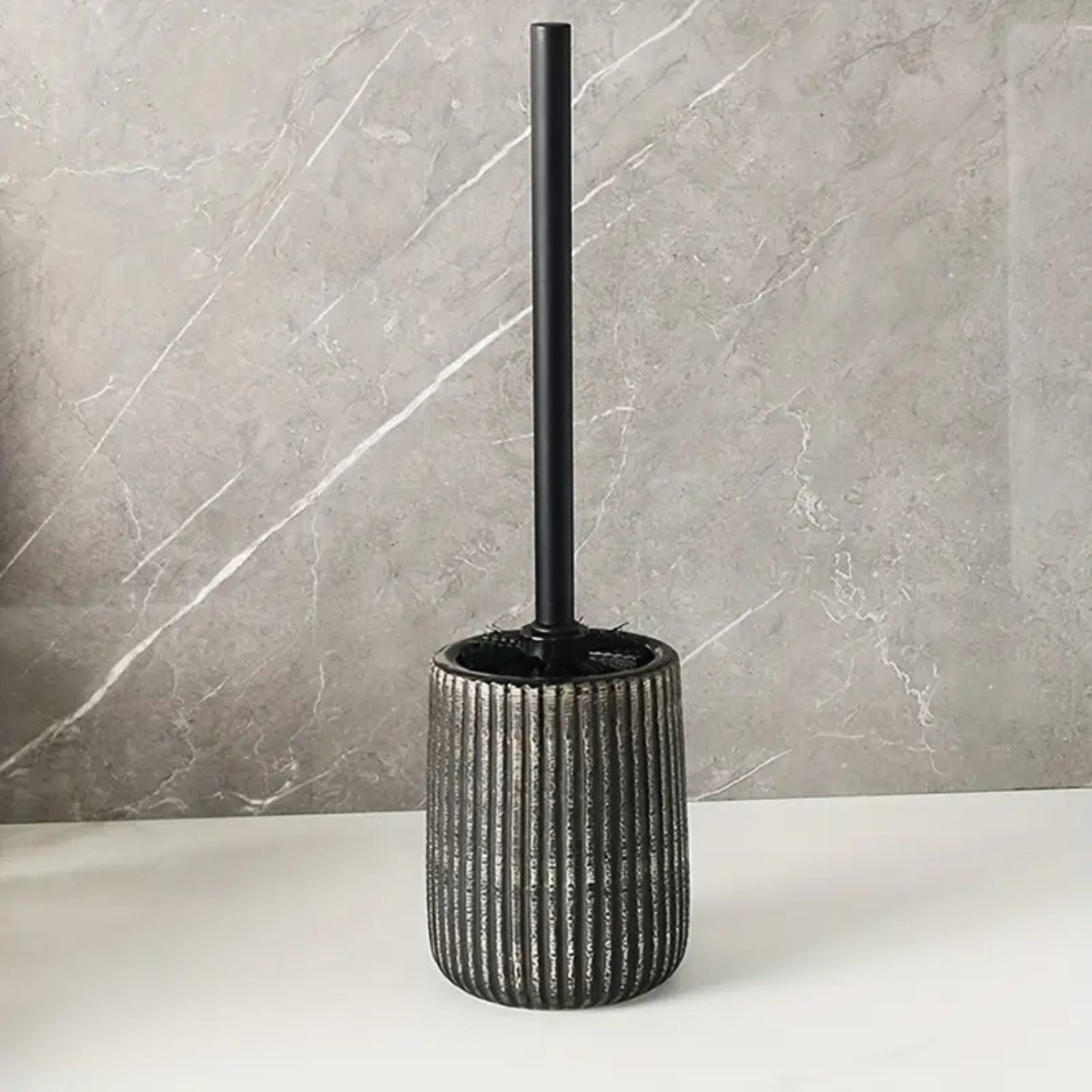 Textured ceramic toilet brush holder with black handle, modern bathroom cleaning brush set in rustic design