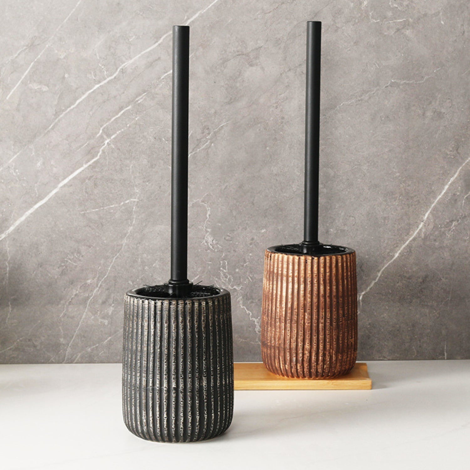 Textured ceramic toilet brush holder with black handle, modern bathroom cleaning brush set in rustic design