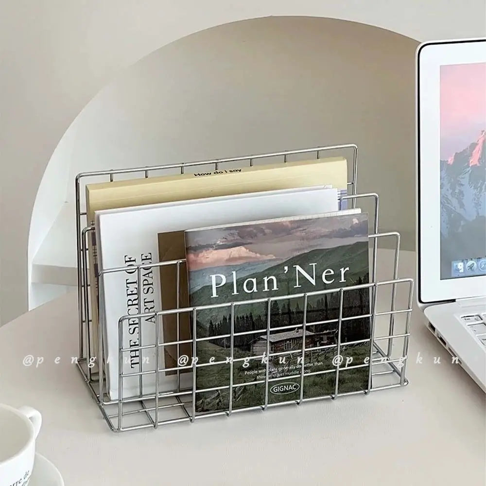 Three-Tier Iron Bookshelf Organizer, Silver - Modern Design for Home and Office Storage, 9.4 x 5.1 x 6.1 Inches