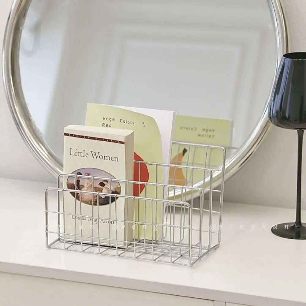 Three-Tier Iron Bookshelf Organizer, Silver - Modern Design for Home and Office Storage, 9.4 x 5.1 x 6.1 Inches