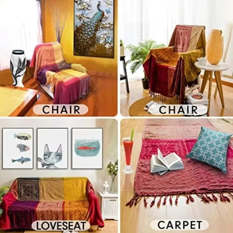 Throw blanket – Soft chenille – Large boho plaid design – Cozy couch cover with tassels – Fall colors