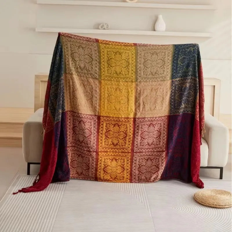 Throw blanket – Soft chenille – Large boho plaid design – Cozy couch cover with tassels – Fall colors