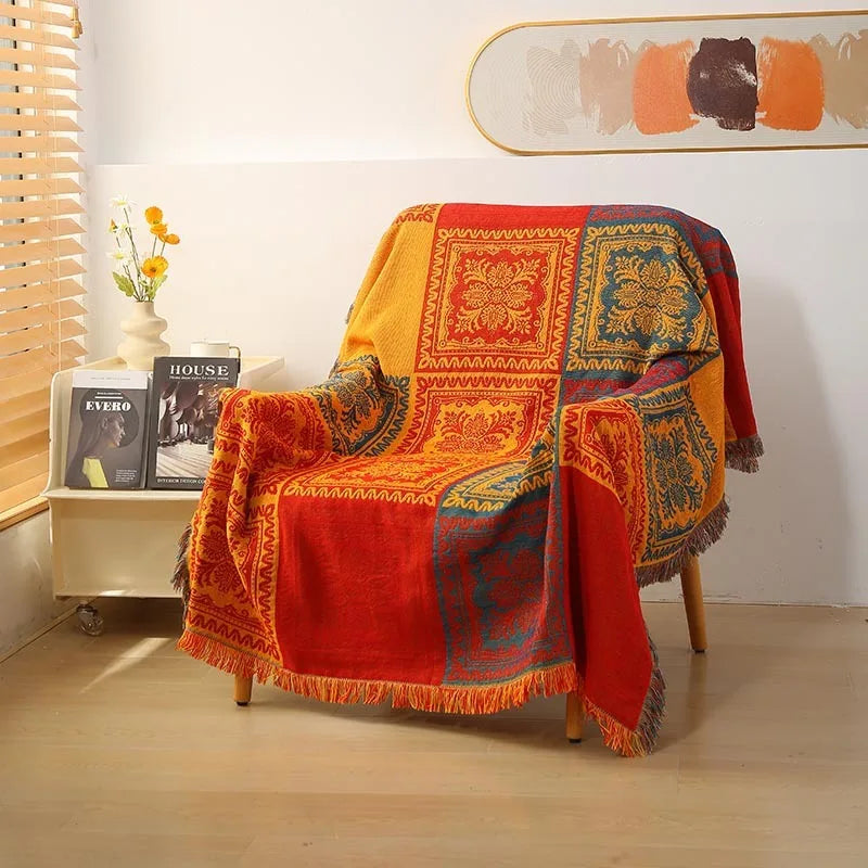 Throw blanket – Soft chenille – Large boho plaid design – Cozy couch cover with tassels – Fall colors