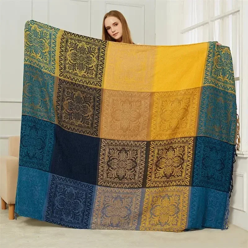 Throw blanket – Soft chenille – Large boho plaid design – Cozy couch cover with tassels – Fall colors