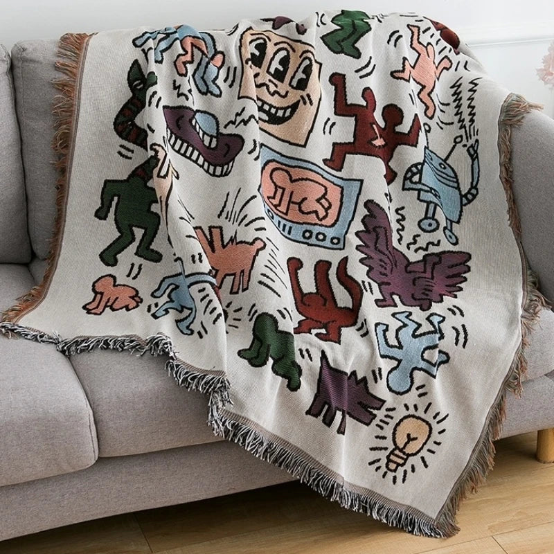 Throw blanket – Soft cotton blend – Multicolor doodle design – Cozy couch accessory – 51.2 x 63 in