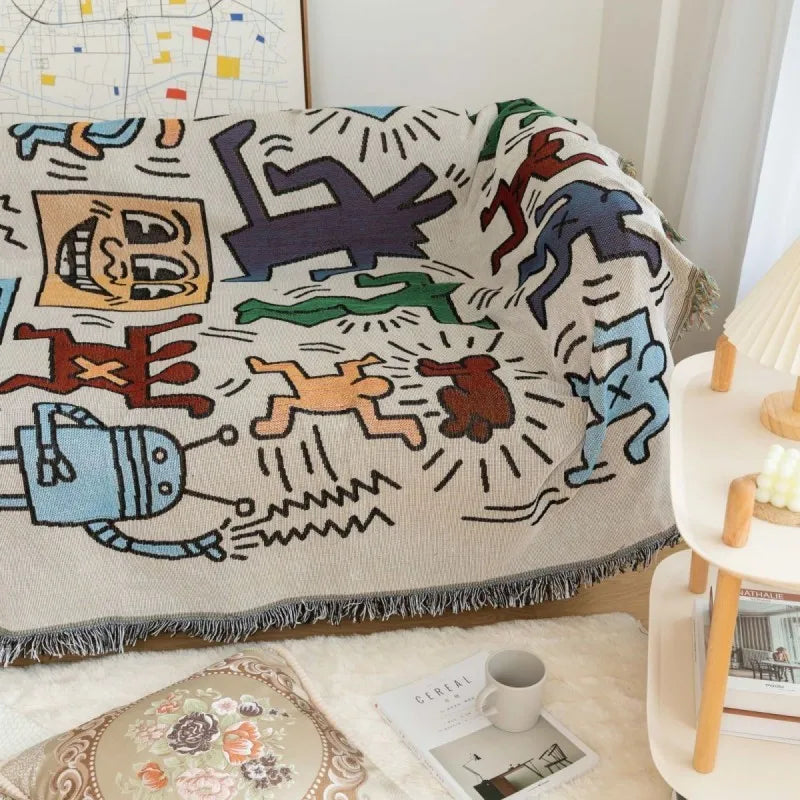 Throw blanket – Soft cotton blend – Multicolor doodle design – Cozy couch accessory – 51.2 x 63 in
