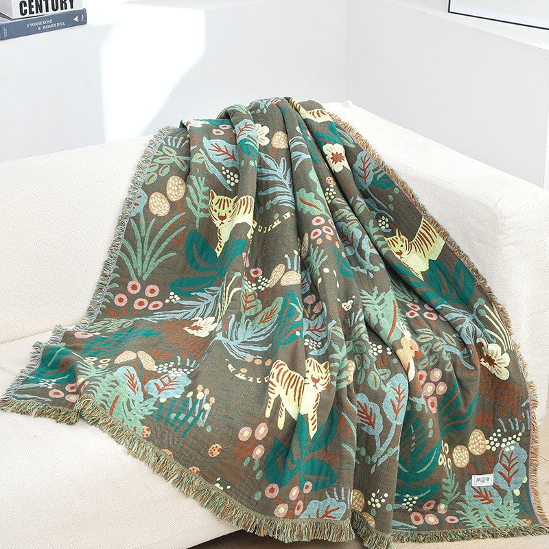 Throw blanket – Woven cotton – Jungle tiger print – Cozy sofa or bed accessory – 60 x 80 inches