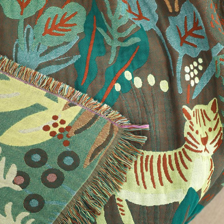 Throw blanket – Woven cotton – Jungle tiger print – Cozy sofa or bed accessory – 60 x 80 inches