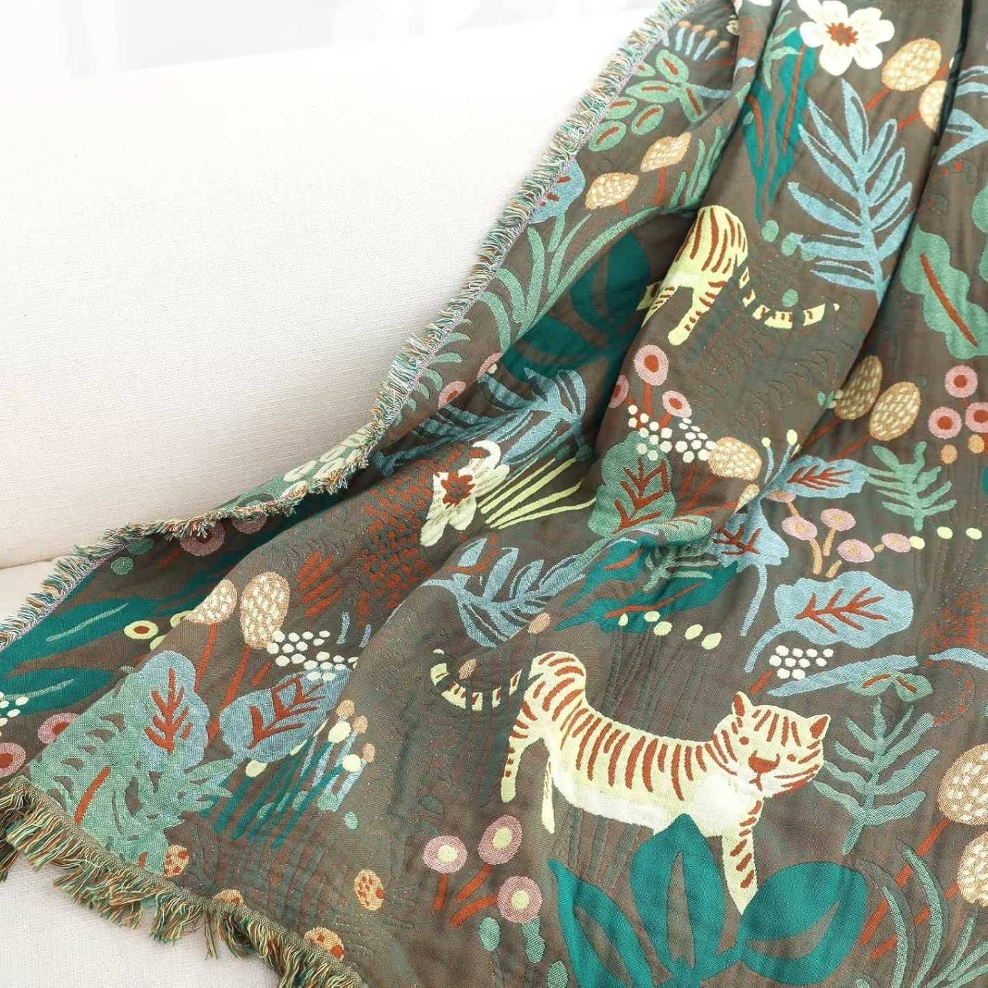 Throw blanket – Woven cotton – Jungle tiger print – Cozy sofa or bed accessory – 60 x 80 inches