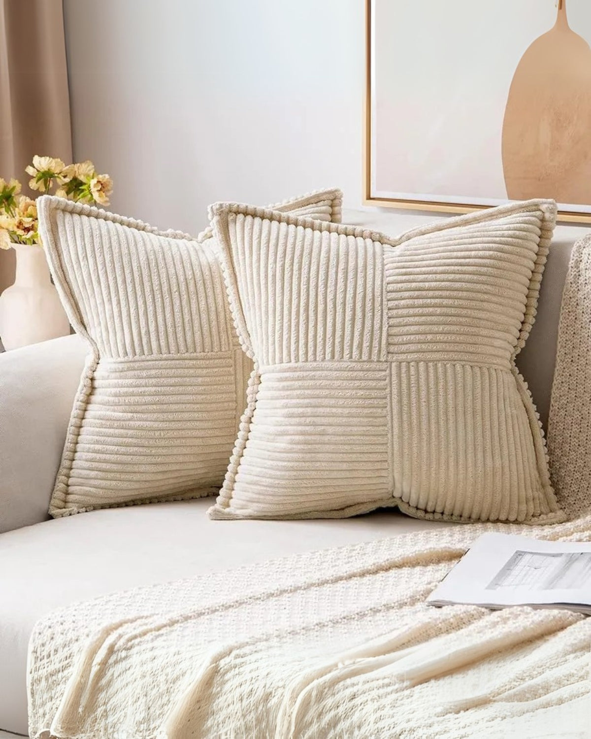 Throw pillow cover – Soft striped ribbed velvet – Neutral tones – Decorative accent for living room or bedroom