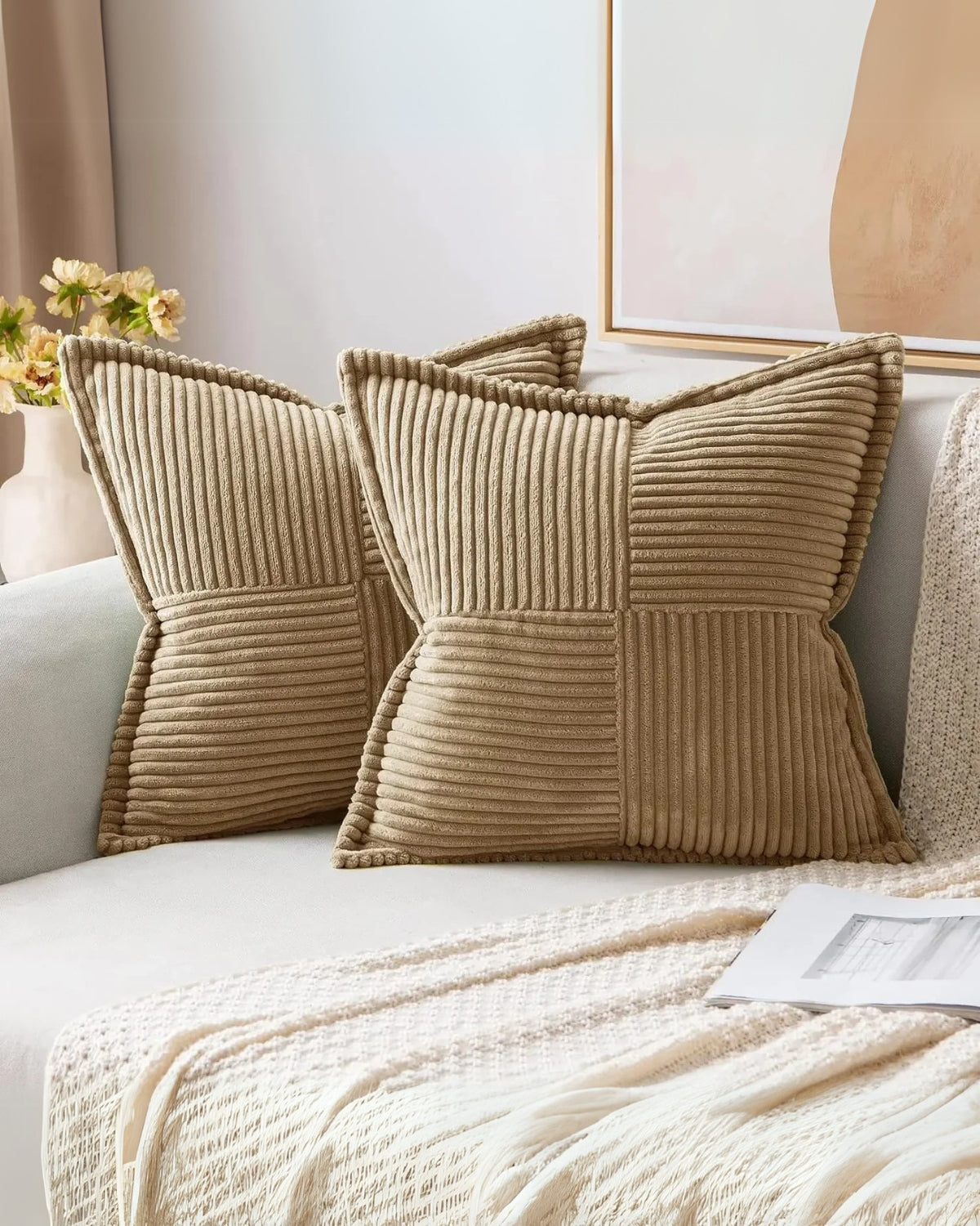 Throw pillow cover – Soft striped ribbed velvet – Neutral tones – Decorative accent for living room or bedroom
