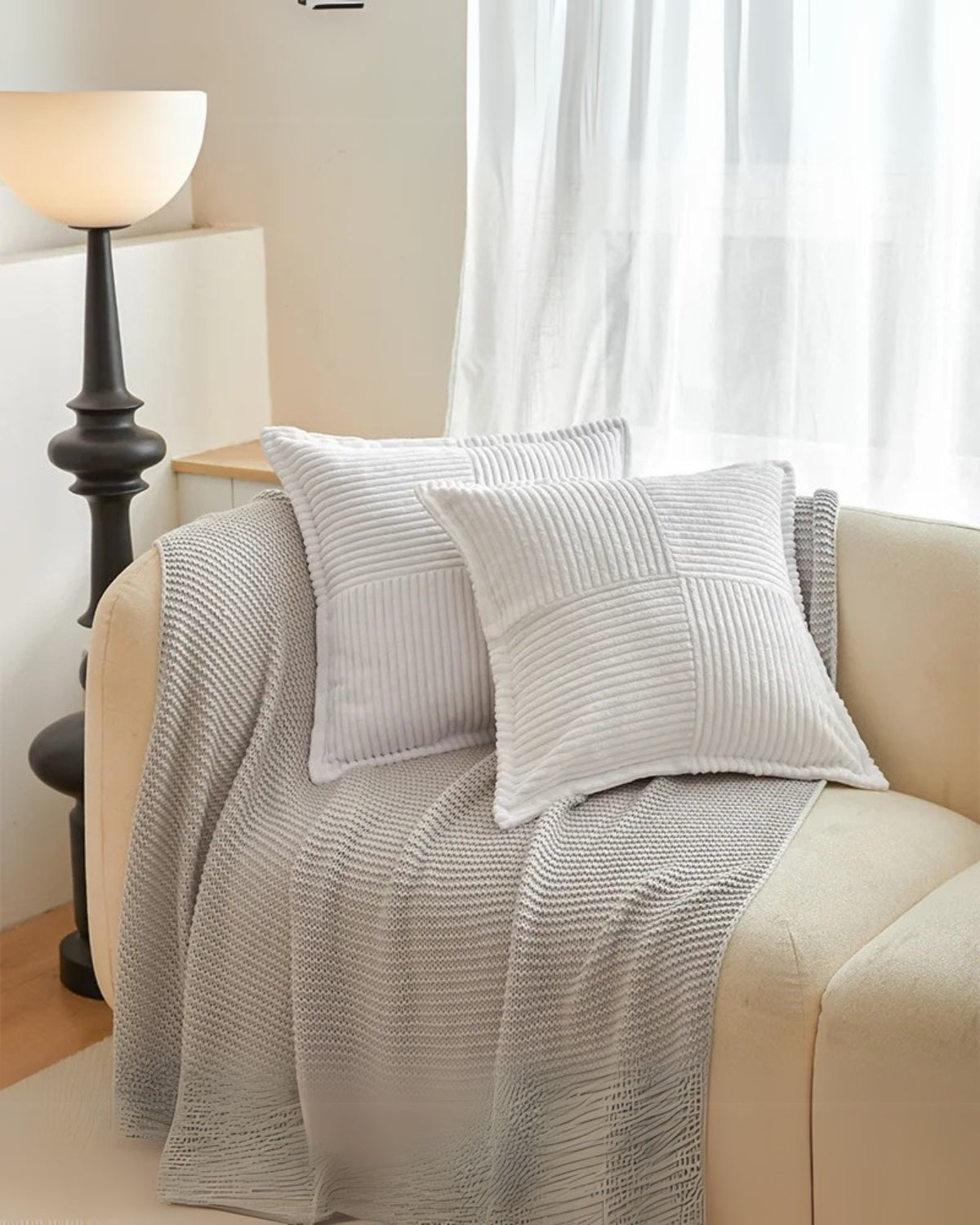 Throw pillow cover – Soft striped ribbed velvet – Neutral tones – Decorative accent for living room or bedroom