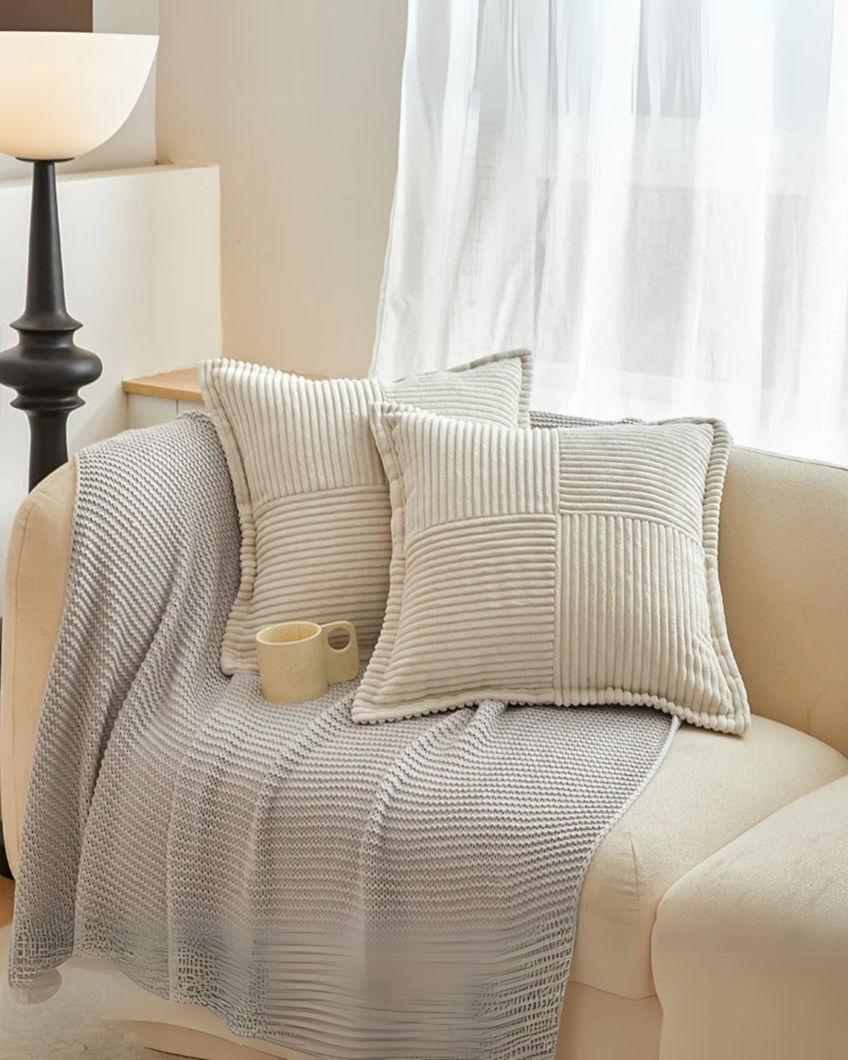 Throw pillow cover – Soft striped ribbed velvet – Neutral tones – Decorative accent for living room or bedroom