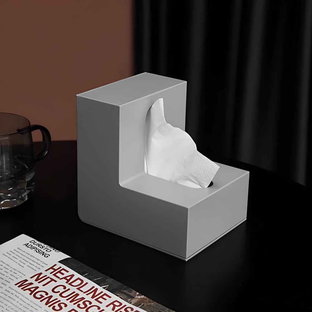 Tissue box cover – L-shaped design – Sleek plastic – Space-saving corner solution – White