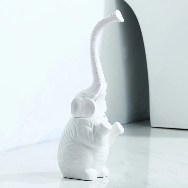 White elephant-shaped toilet brush holder with long trunk handle – decorative bathroom cleaning tool for modern home decor