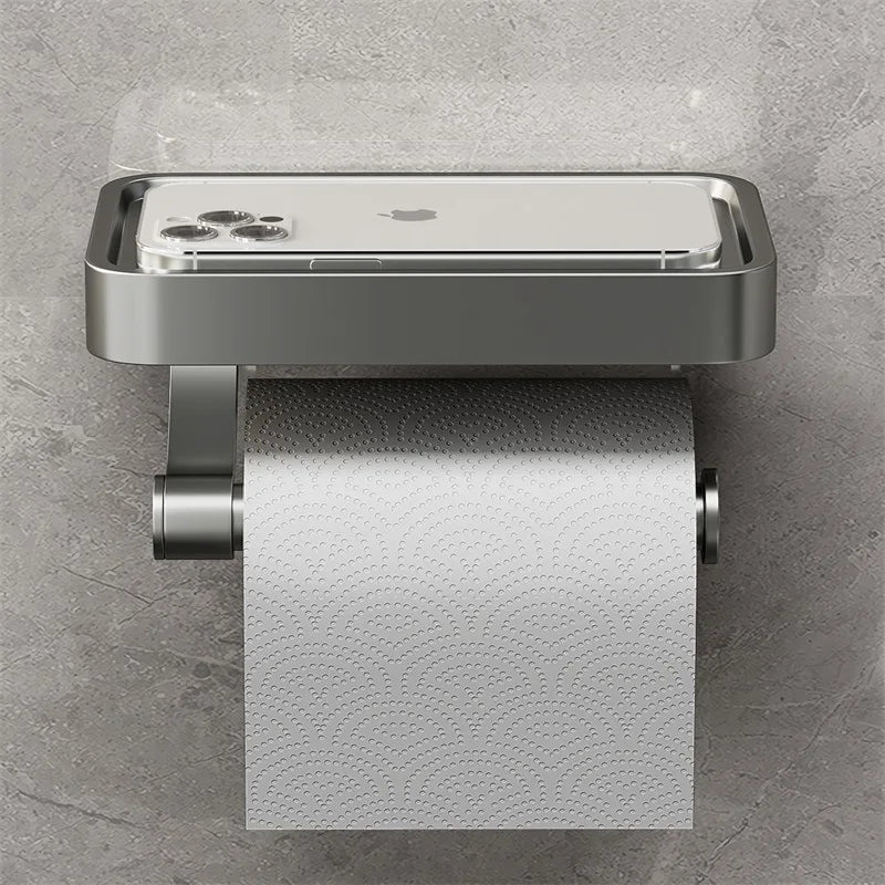 Toilet paper holder – Stainless steel – Wall-mounted with shelf – Modern bathroom accessory