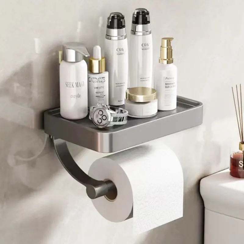 Toilet paper holder – Stainless steel – Wall-mounted with shelf – Modern bathroom accessory