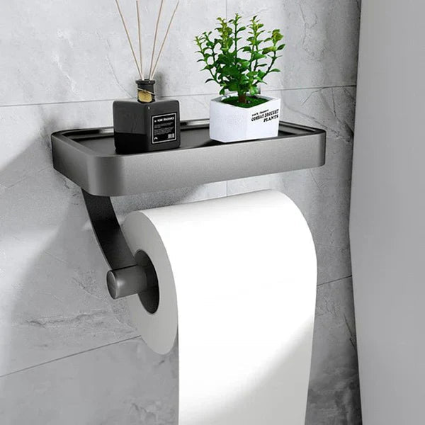 Toilet paper holder – Stainless steel – Wall-mounted with shelf – Modern bathroom accessory