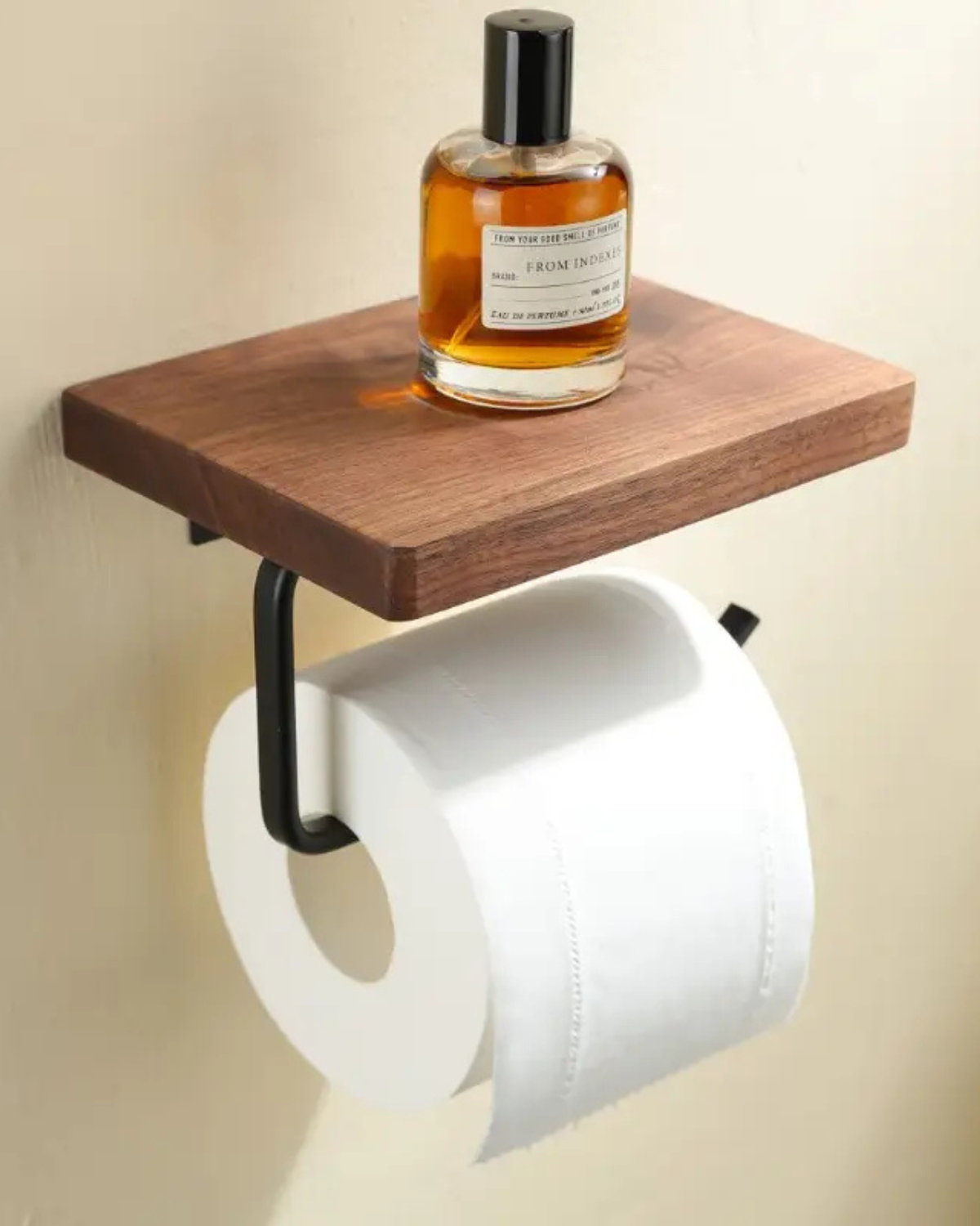 Toilet paper holder stand – Solid wood and metal – Black finish – Modern bathroom accessory