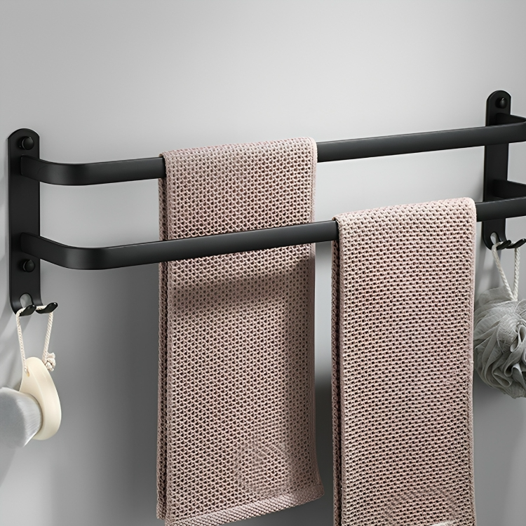 Towel rack – Aluminum – Black finish – Easy installation – Space-saving solution