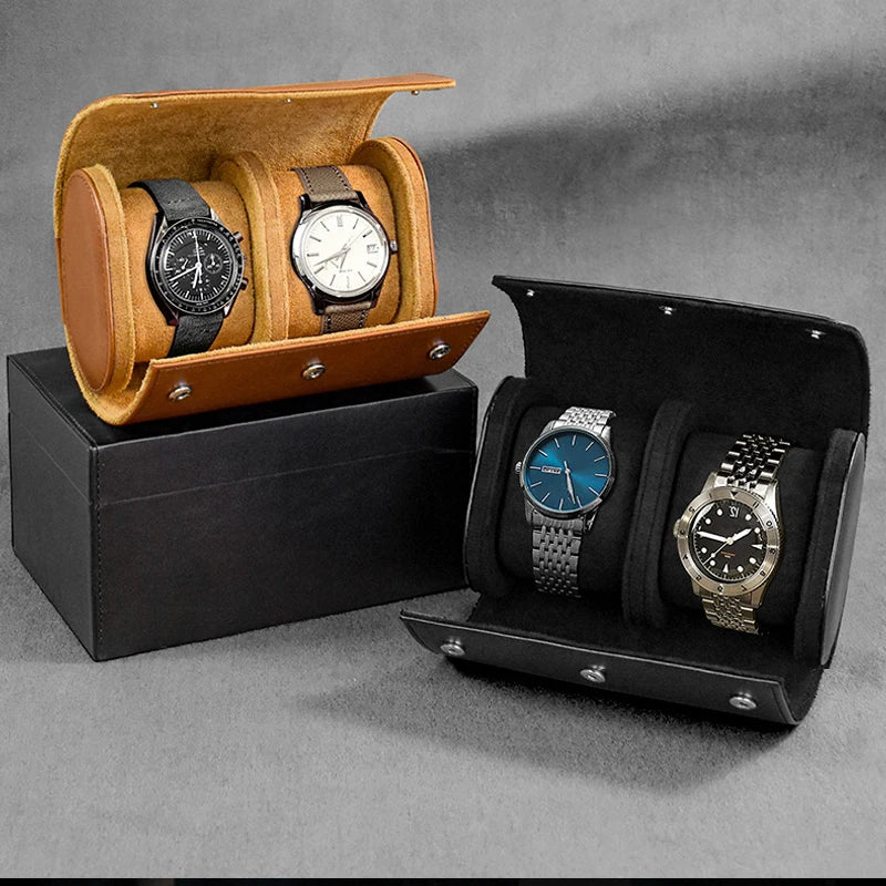 Luxury leather watch roll travel case with soft suede interior, 3-slot storage organizer for men’s wristwatches