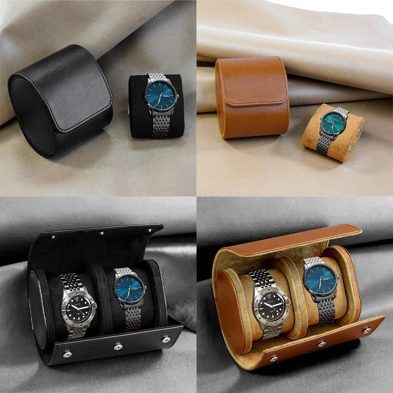 Luxury leather watch roll travel case with soft suede interior, 3-slot storage organizer for men’s wristwatches